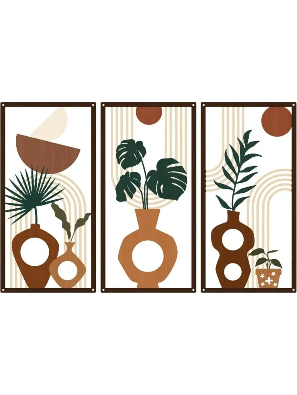 3 Pcs Boho Metal Wall Art Set - Mid Century Modern Plant Vase Decor, Tropical